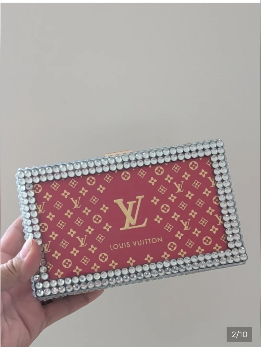 Upcycled Monogram Crystal-Trim Box Clutch with Clear Chain